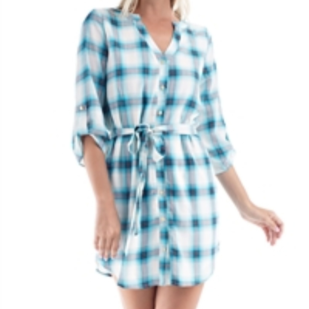 Aqua and Navy Blue Plaid Dress